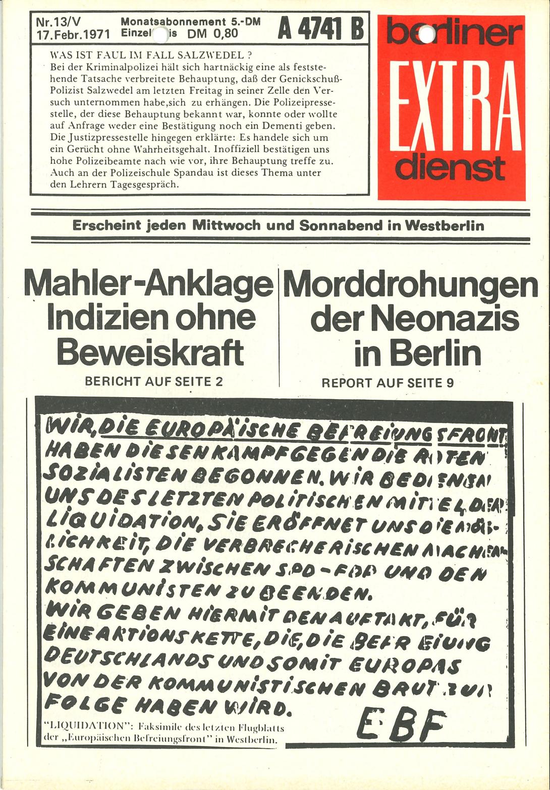 Bekennerschreiben der Europäischen Befreiungsfront abgedruckt im Berliner Extra-Dienst