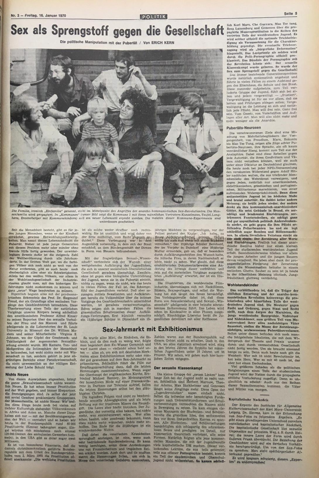 Zeitunsartikel: Erich Kern, Sex als Sprengstoff gegen die Gesellschaft