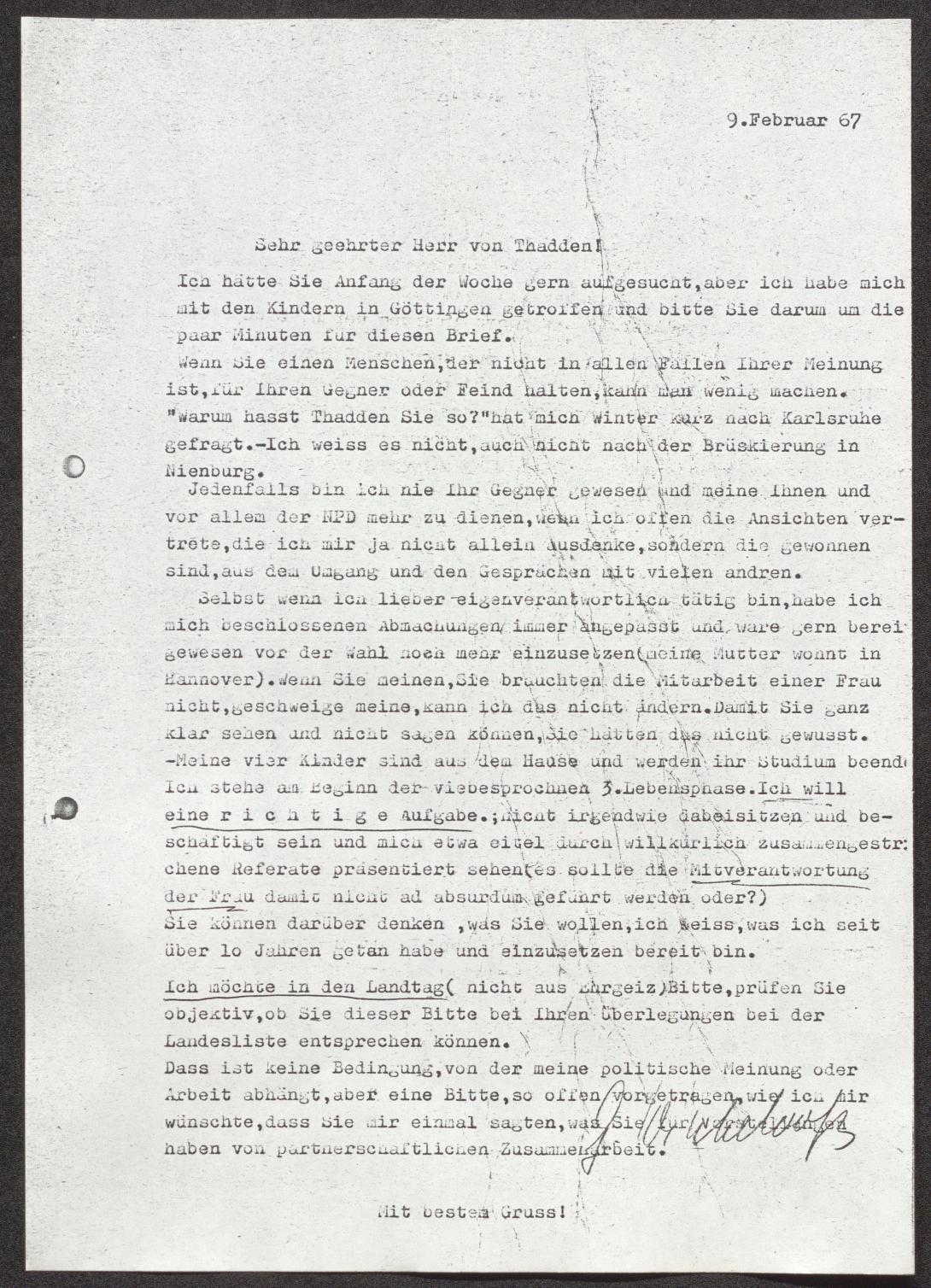 Brief von Gertraude Winkelvoss an den NPD-Vorsitzenden Adolf von Thadden