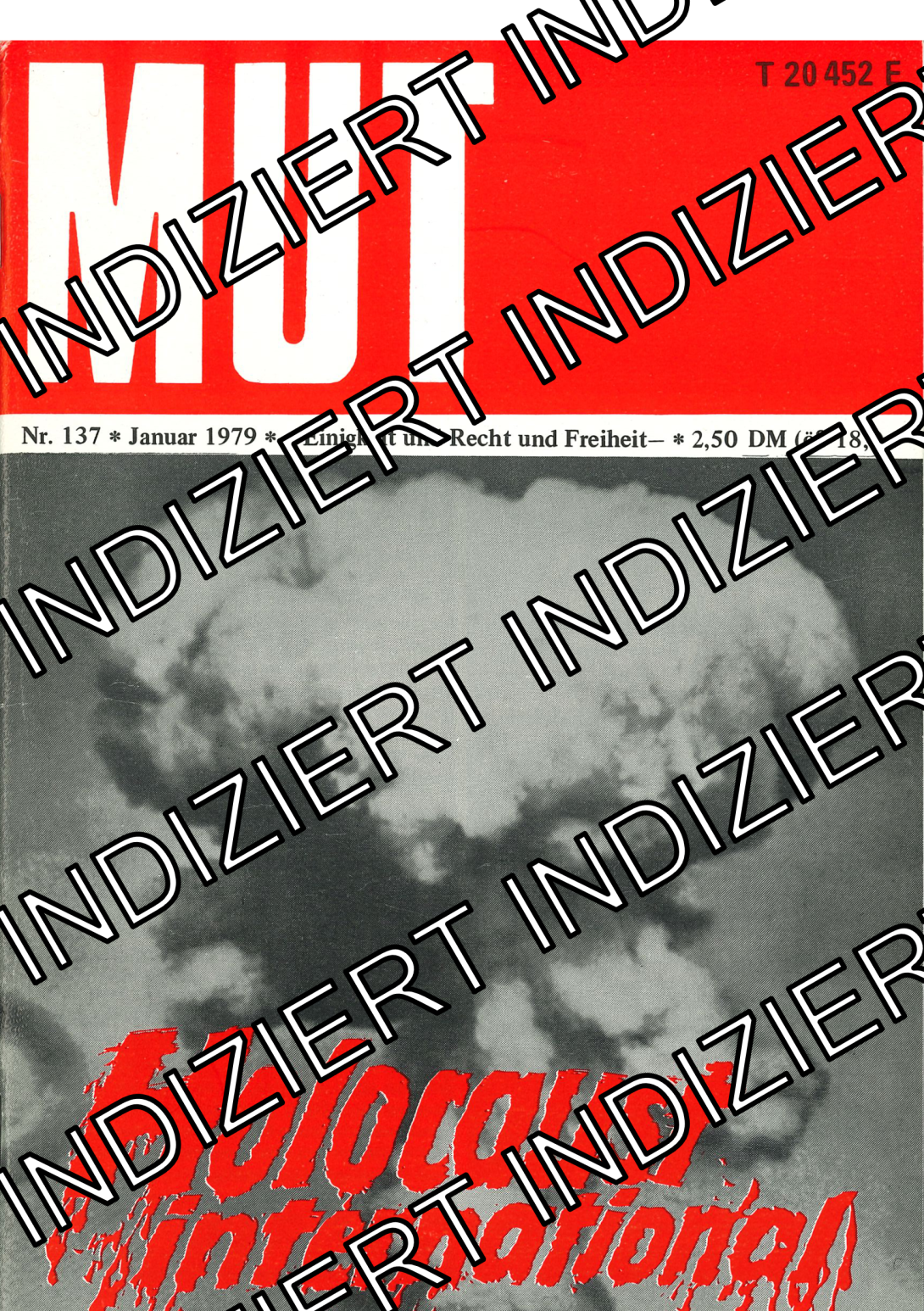 Titelblatt der Zeitschrift Mut mit Wasserzeichen "Indiziert"